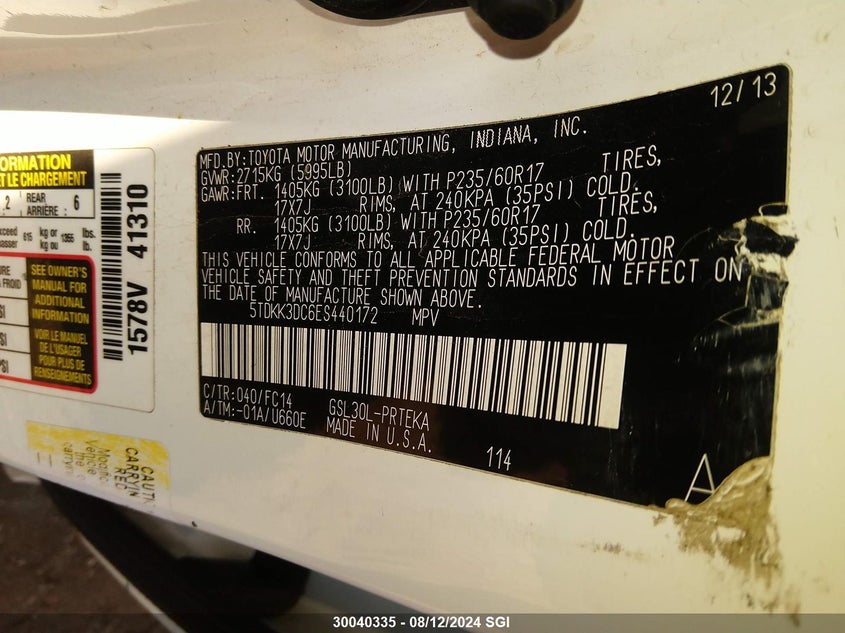 2014 Toyota Sienna Le VIN: 5TDKK3DC6ES440172 Lot: 30040335