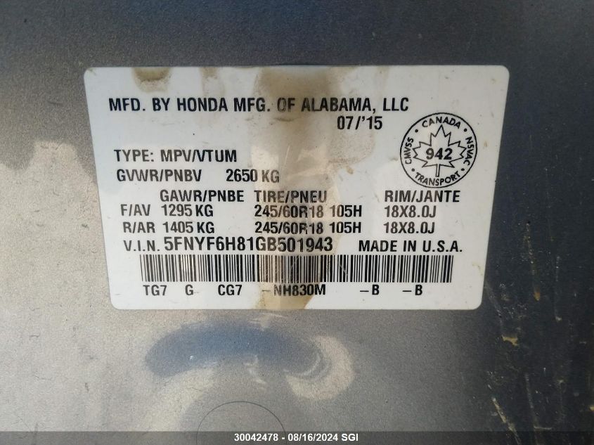 2016 Honda Pilot Exl VIN: 5FNYF6H81GB501943 Lot: 30042478