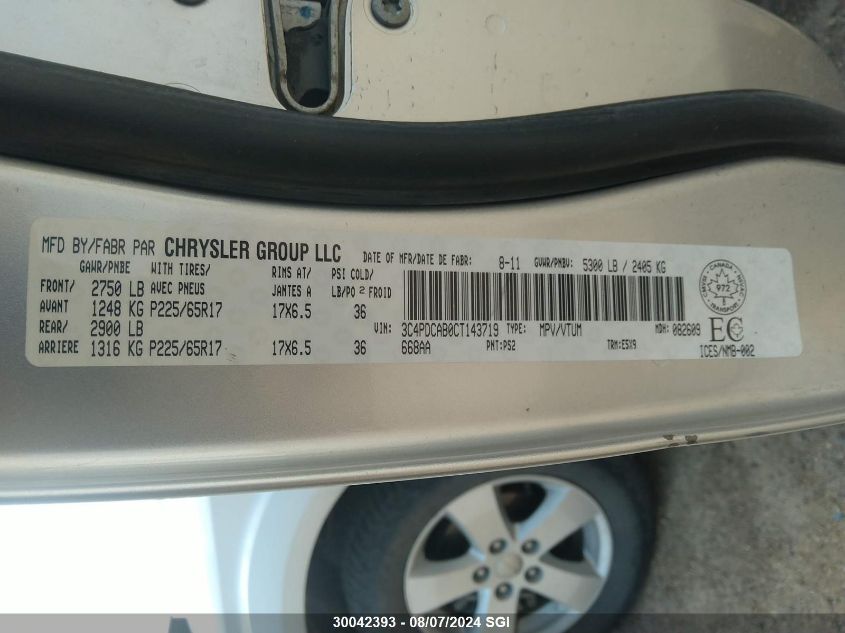 2012 Dodge Journey Se VIN: 3C4PDCAB0CT143719 Lot: 30042393