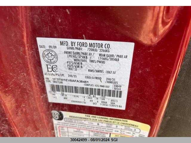 2010 Ford F150 Supercrew VIN: 1FTFW1EV8AFA38481 Lot: 30042499