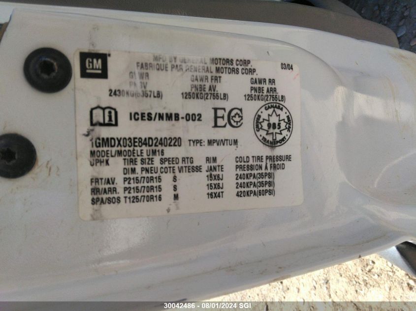 2004 Pontiac Montana VIN: 1GMDX03E84D240220 Lot: 30042486