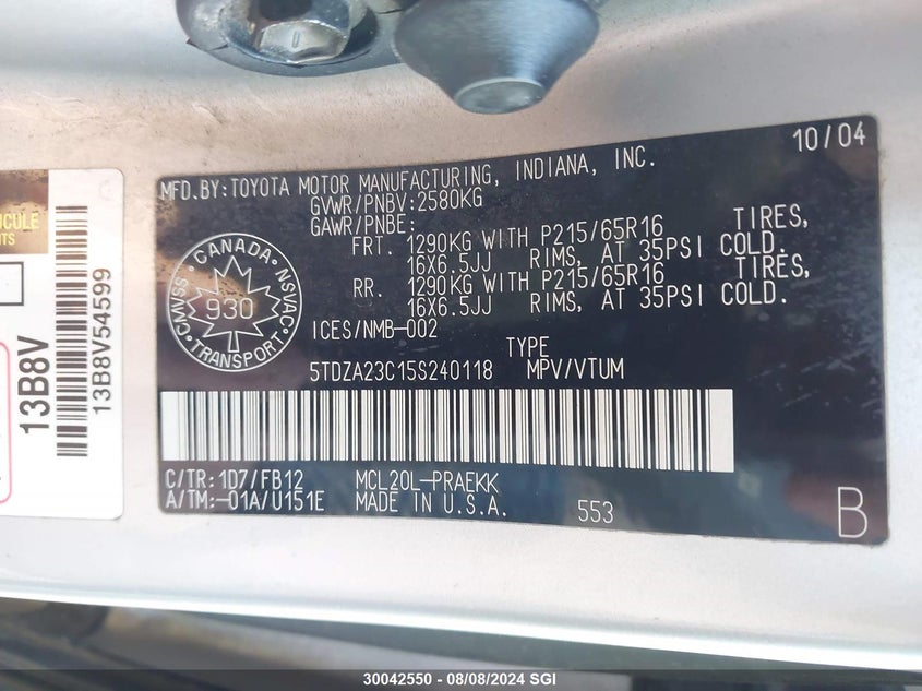 2005 Toyota Sienna Ce/Le VIN: 5TDZA23C15S240118 Lot: 30042550