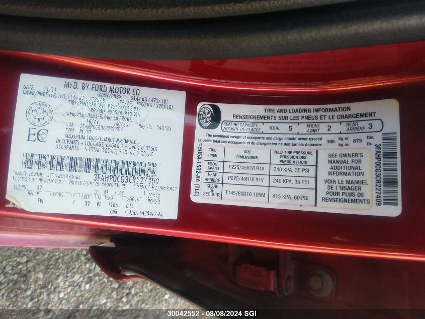 2012 Ford Fusion Sel VIN: 3FAHP0CG3CR227409 Lot: 30042552