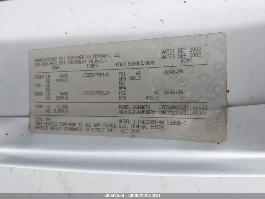 2003 Chevrolet Express G3500 VIN: 1GBJG31U831109201 Lot: 30042554