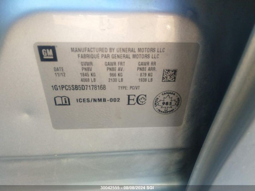 2013 Chevrolet Cruze Lt VIN: 1G1PC5SB5D7178168 Lot: 30042555
