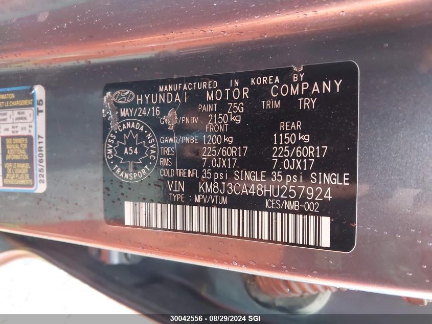 2017 Hyundai Tucson Limited/Sport And Eco/Se VIN: KM8J3CA48HU257924 Lot: 30042556