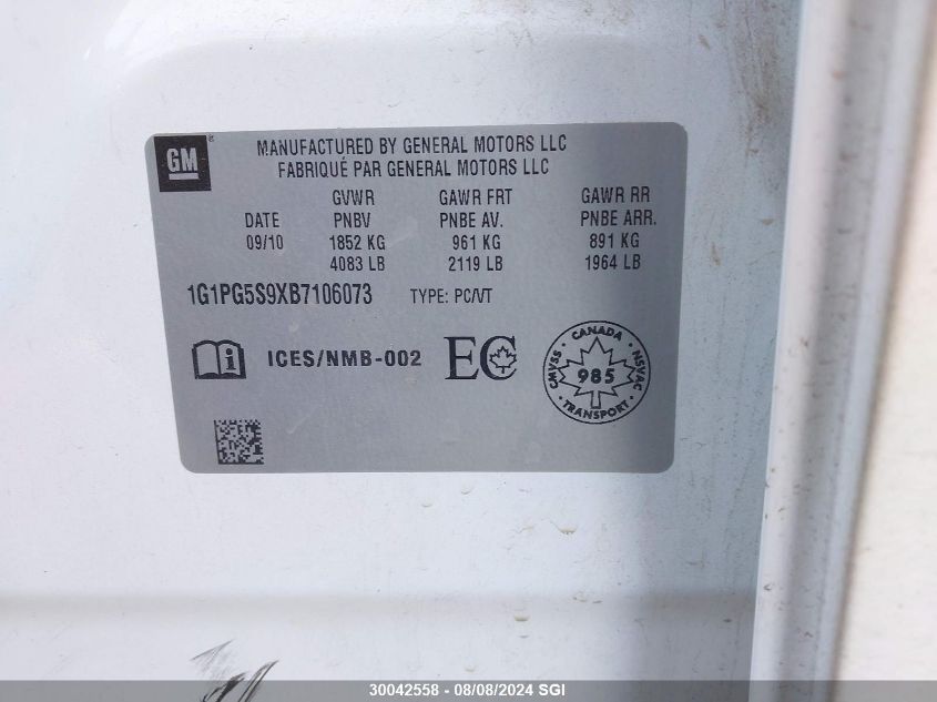 2011 Chevrolet Cruze Lt VIN: 1G1PG5S9XB7106073 Lot: 30042558