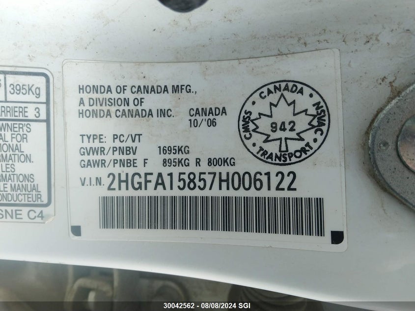 2007 Honda Civic Ex VIN: 2HGFA15857H006122 Lot: 30042562