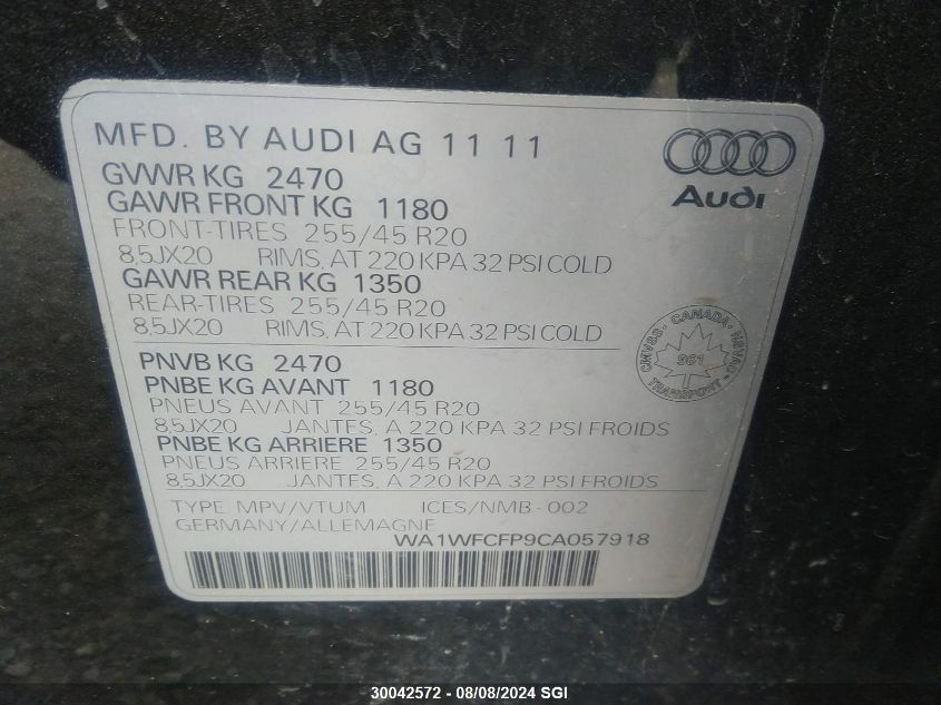 2012 Audi Q5 Prestige VIN: WA1WFCFP9CA057918 Lot: 30042572