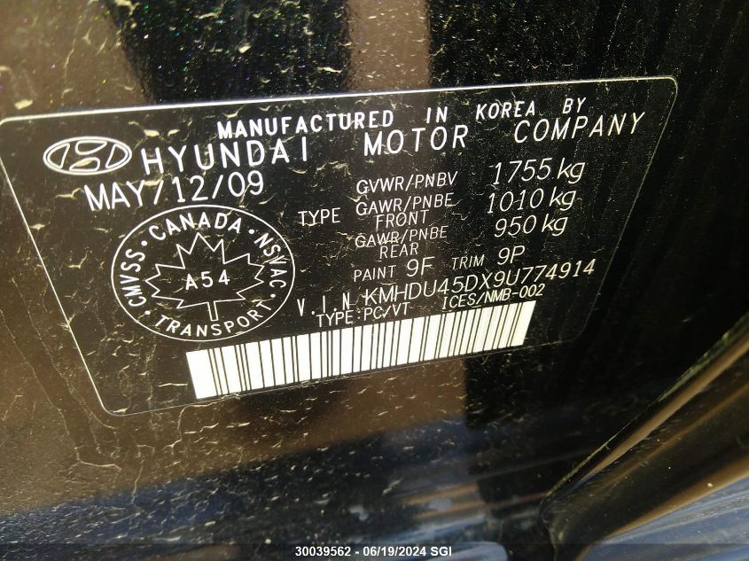 2009 Hyundai Elantra Gls/Se VIN: KMHDU45DX9U774914 Lot: 30039562