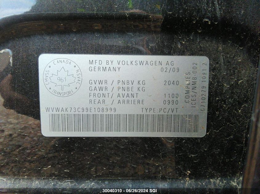 2009 Volkswagen Passat Komfort VIN: WVWAK73C99E108999 Lot: 30040310