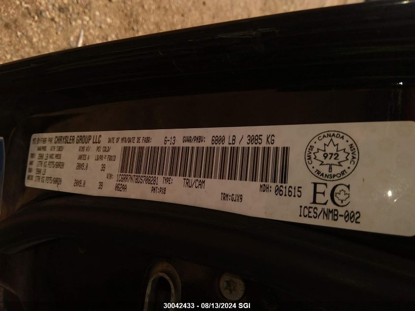 2013 Ram 1500 Laramie VIN: 1C6RR7NT8DS708281 Lot: 30042433