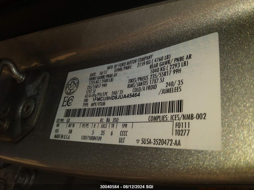 2018 Ford Escape Sel VIN: 1FMCU9HD8JUA45464 Lot: 30040584