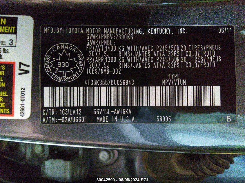 2011 Toyota Venza VIN: 4T3BK3BB7BU056843 Lot: 30042599