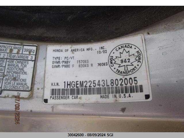 2003 Honda Civic Lx VIN: 1HGEM22543L802005 Lot: 30042600