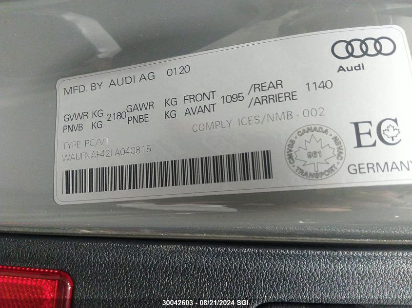 2020 Audi A4 Prestige VIN: WAUFNAF42LA040815 Lot: 30042603