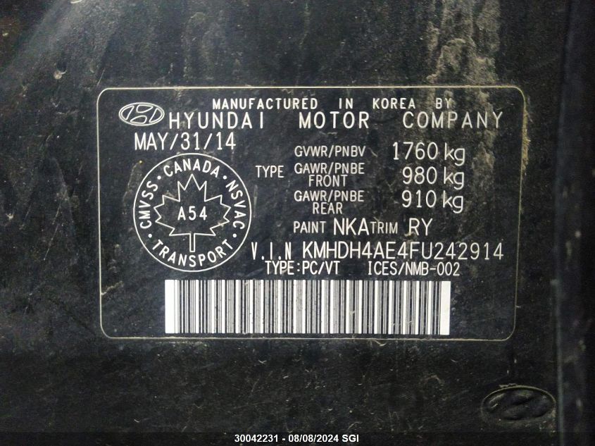 2015 Hyundai Elantra Se/Sport/Limited VIN: KMHDH4AE4FU242914 Lot: 30042231