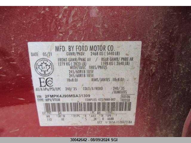 2021 Ford Edge Sel VIN: 2FMPK4J90MBA31309 Lot: 30042642