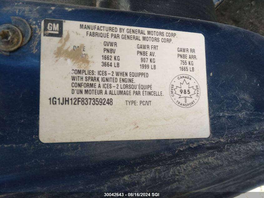 2003 Chevrolet Cavalier Ls Sport VIN: 1G1JH12F837359248 Lot: 30042643