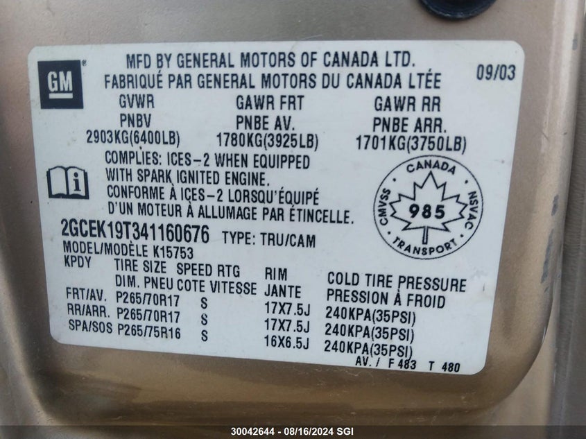 2004 Chevrolet Silverado K1500 VIN: 2GCEK19T341160676 Lot: 30042644