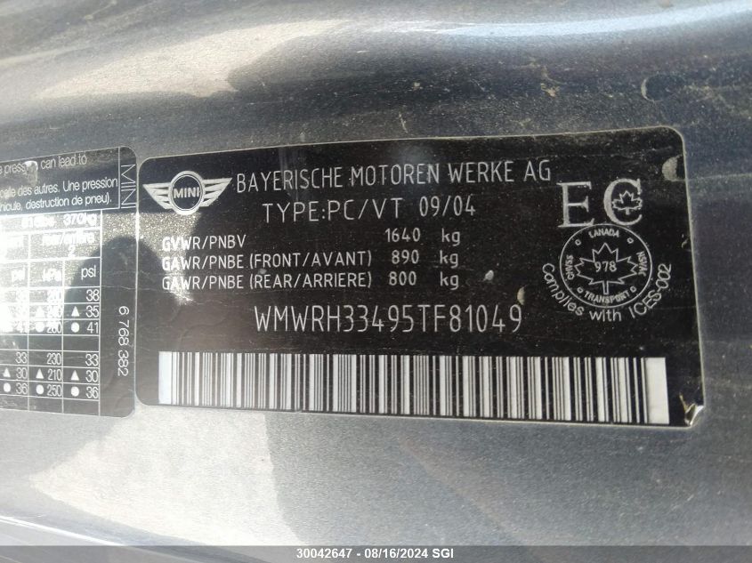 2005 Mini Cooper S VIN: WMWRH33495TF81049 Lot: 30042647