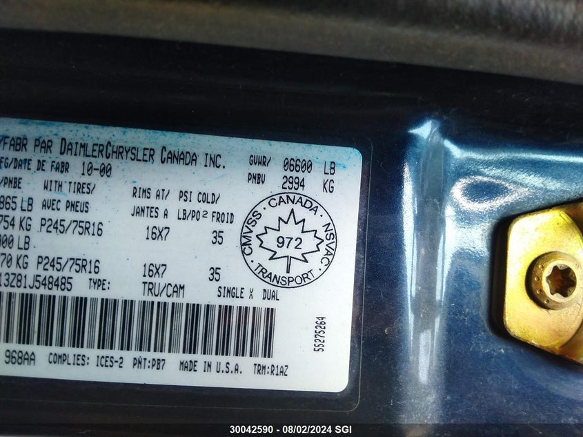 2001 Dodge Ram 1500 VIN: 1B7HF13Z81J548485 Lot: 30042590