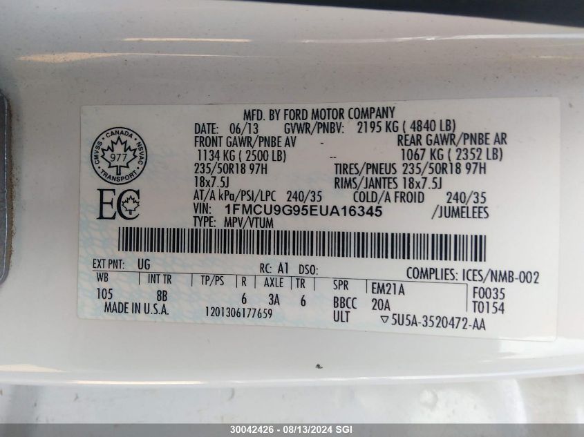 2014 Ford Escape Se VIN: 1FMCU9G95EUA16345 Lot: 30042426