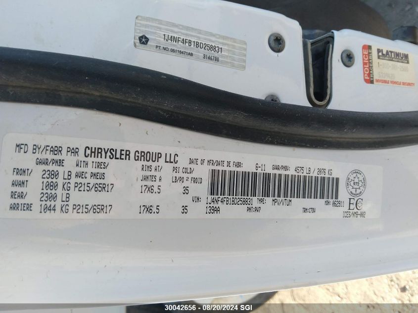 2011 Jeep Compass VIN: 1J4NF4FB1BD258831 Lot: 30042656