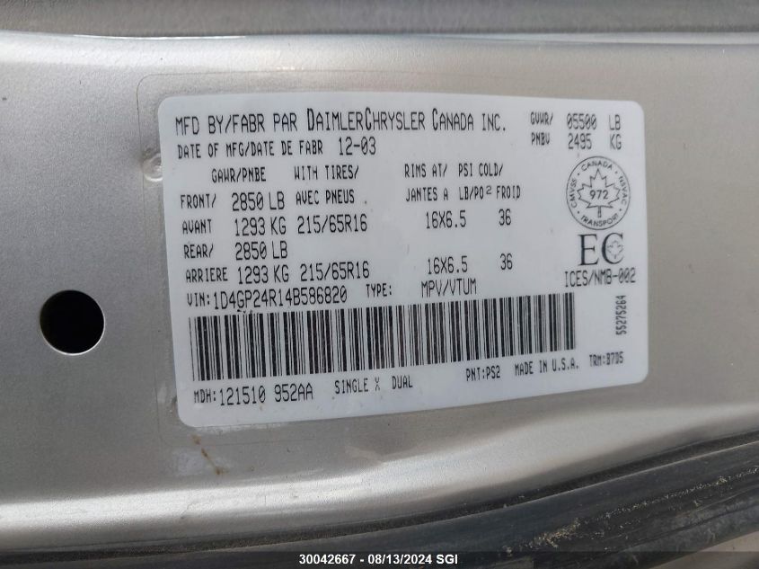 2004 Dodge Grand Caravan Se VIN: 1D4GP24R14B586820 Lot: 30042667