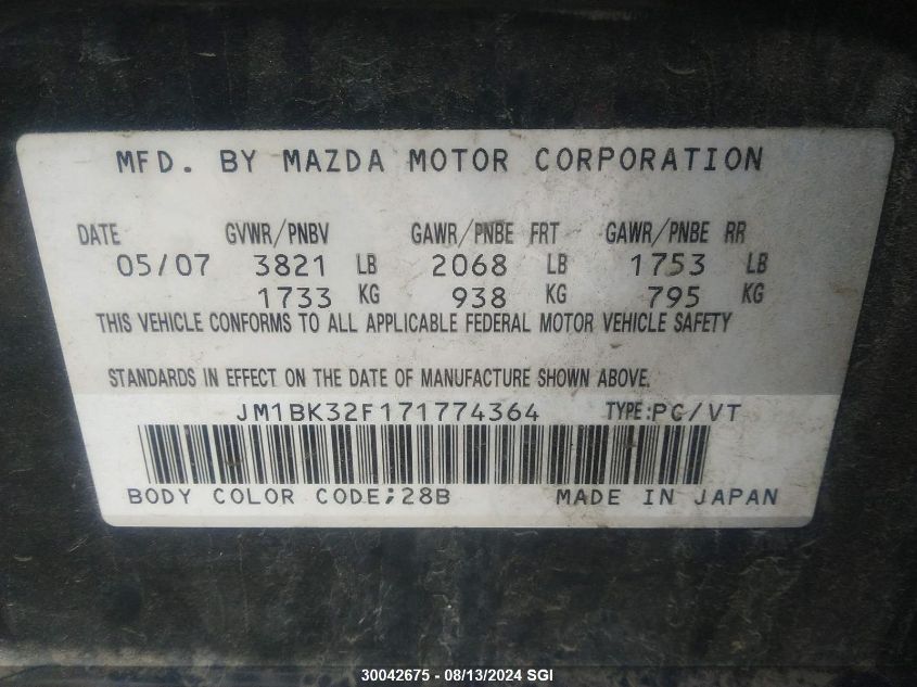 2007 Mazda 3 I VIN: JM1BK32F171774364 Lot: 30042675