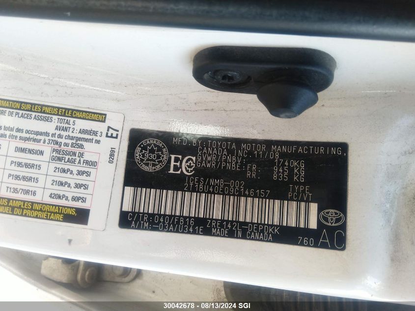 2009 Toyota Corolla S/Le/Xle VIN: 2T1BU40E09C146157 Lot: 30042678