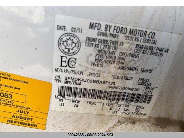 2011 Ford Edge Sel VIN: 2FMDK4JC5BBA87130 Lot: 30042685