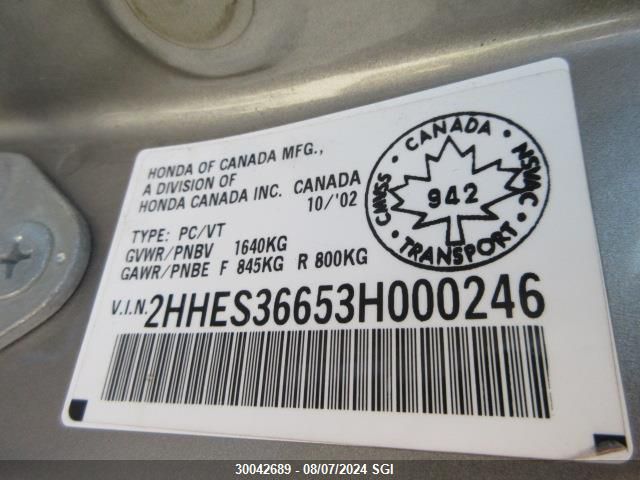 2003 Acura 1.7El Touring VIN: 2HHES36653H000246 Lot: 30042689