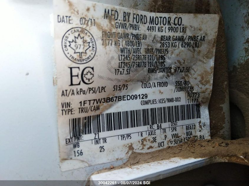 2011 Ford F350 Super Duty VIN: 1FT7W3B67BED09129 Lot: 30042261