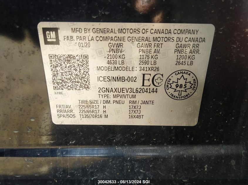 2020 Chevrolet Equinox Lt VIN: 2GNAXUEV3L6204144 Lot: 30042633