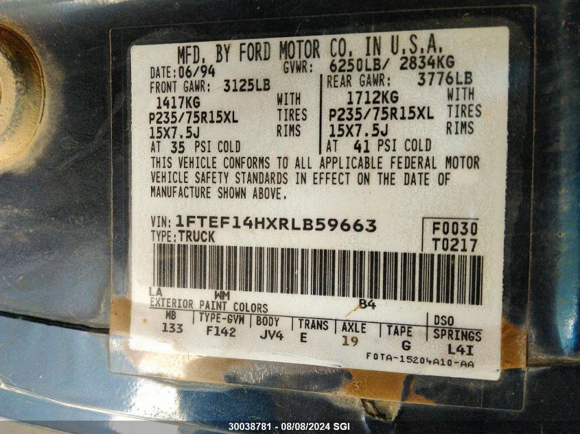1994 Ford F150 VIN: 1FTEF14HXRLB59663 Lot: 30038781