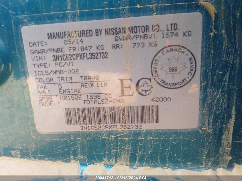 2015 Nissan Versa Note VIN: 3N1CE2CPXFL352732 Lot: 30041713