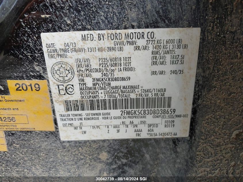 2013 Ford Flex Sel VIN: 2FMGK5C83DBD38659 Lot: 30042739