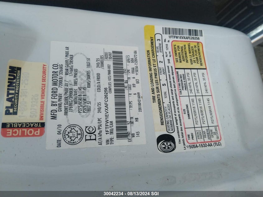 2010 Ford F150 Supercrew VIN: 1FTFW1EVXAFC26256 Lot: 30042234