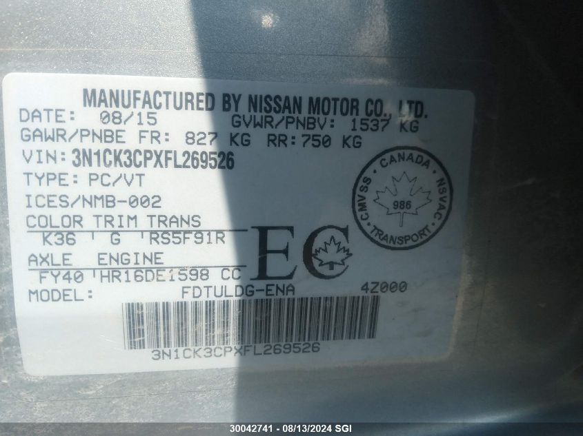 2015 Nissan Micra VIN: 3N1CK3CPXFL269526 Lot: 30042741