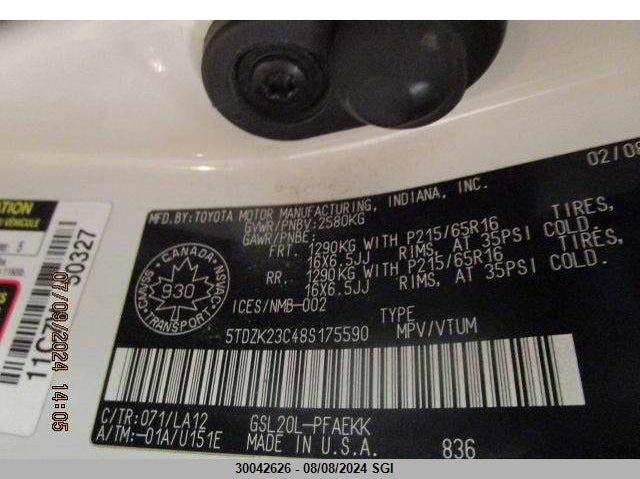 2008 Toyota Sienna Ce/Le VIN: 5TDZK23C48S175590 Lot: 30042626