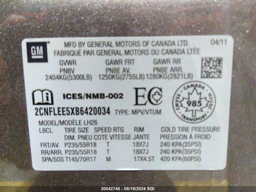 2011 Chevrolet Equinox Lt VIN: 2CNFLEE5XB6420034 Lot: 30042748