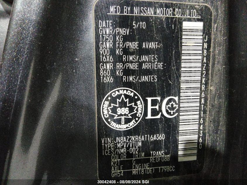 2010 Nissan Cube S/Sl/Krom VIN: JN8AZ2KR6AT164360 Lot: 30042408