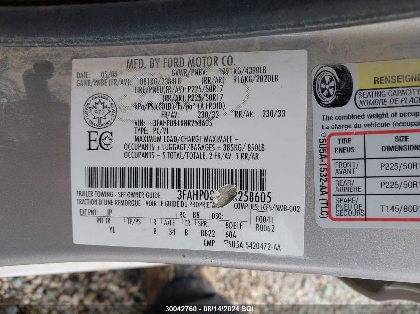2008 Ford Fusion Sel VIN: 3FAHP081X8R258605 Lot: 30042760
