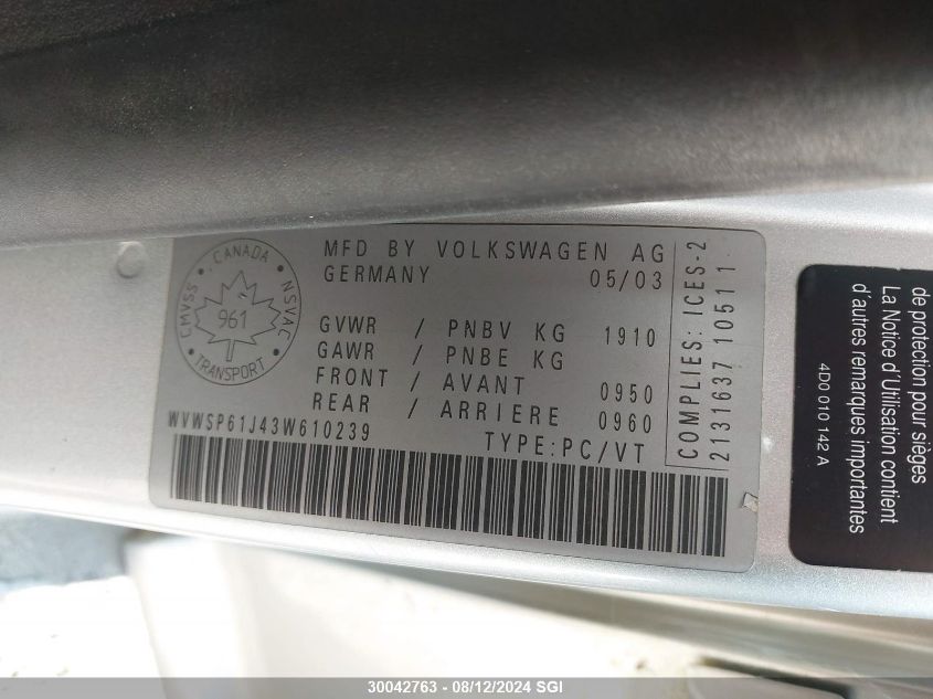 2003 Volkswagen Jetta Gls Tdi VIN: WVWSP61J43W610239 Lot: 30042763