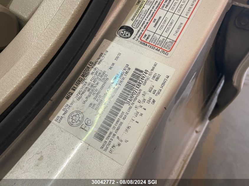 2008 Ford Fusion Sel VIN: 3FAHP021X8R249749 Lot: 30042772