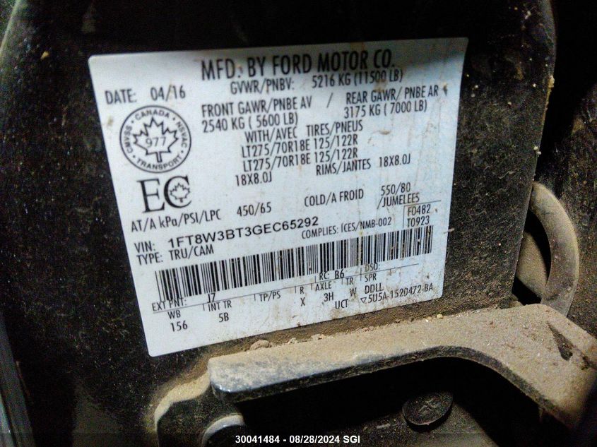 2016 Ford F350 Super Duty VIN: 1FT8W3BT3GEC65292 Lot: 30041484