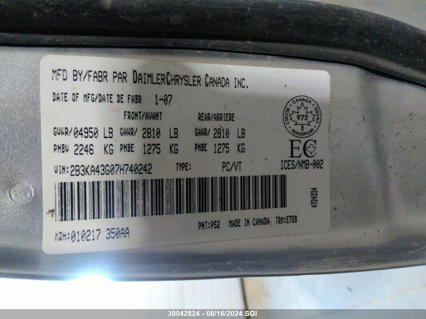 2007 Dodge Charger Se/Sxt VIN: 2B3KA43G07H740242 Lot: 30042824