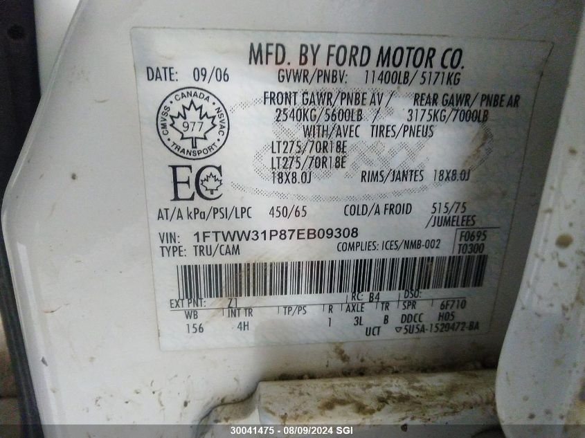 2007 Ford F350 Srw Super Duty VIN: 1FTWW31P87EB09308 Lot: 30041475