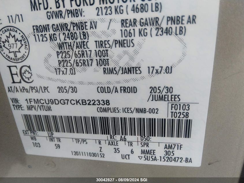 2012 Ford Escape Xlt VIN: 1FMCU9DG7CKB22338 Lot: 30042827